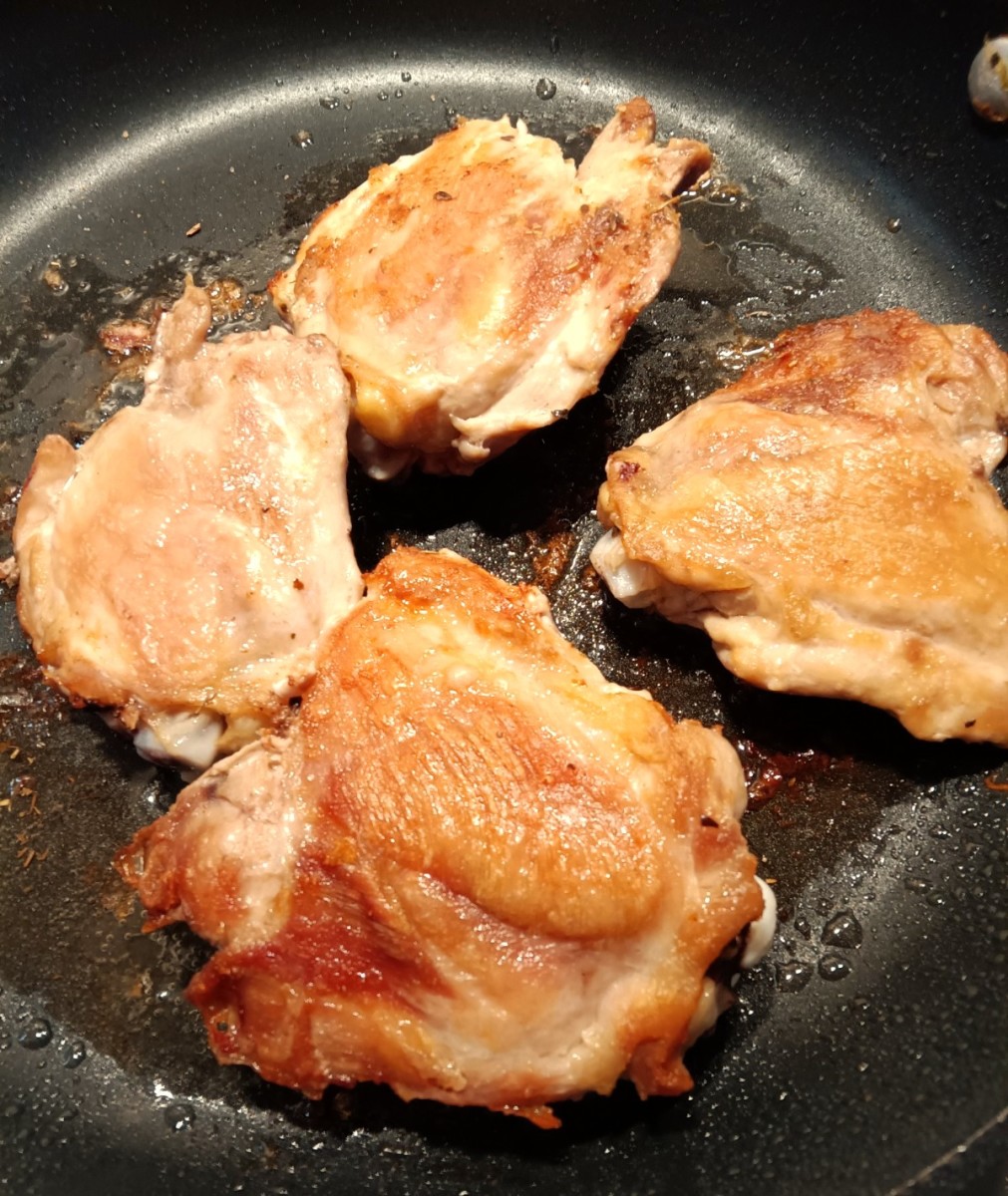 Richly browned chicken thighs
