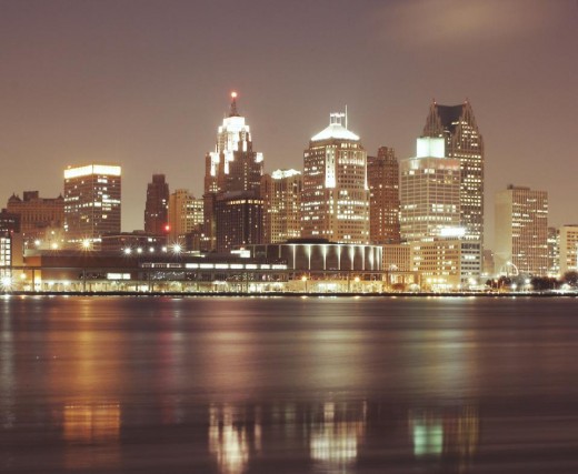 Detroit city skyline at night.