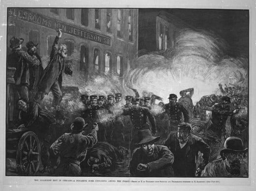 This 1886 engraving was the most widely reproduced image of the Haymarket affair. It inaccurately shows Fielden speaking, the bomb exploding, and the rioting beginning simultaneously.[