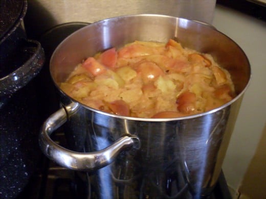 When your pot is full, begin s-l-o-w-l-y heating the apples, stirring often. Bring them to a simmer, and cook until tender.