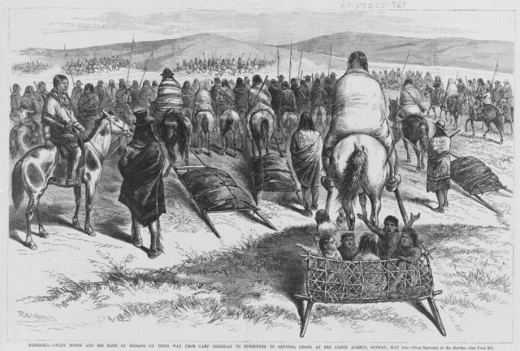 Crazy Horse and his band of Oglala Lakota on their way from Camp Sheridan to surrender to General Crook at Red Cloud Agency near Camp Robinson, Nebraska, May 6, 1877.