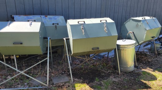 Our (cohousing) community compost tumblers. Food scraps transform into soil for gardens with each turn.