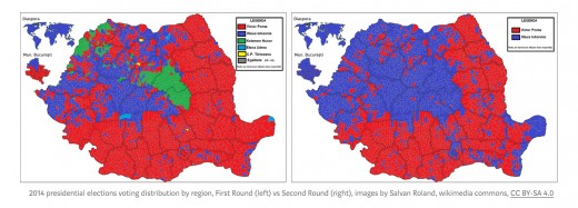 2014 presidential elections voting distribution by region, First Round (left/upper image) vs. Second Round (right/lower image), images by Salvan Roland, wikimedia commons, CC BY-SA 4.0