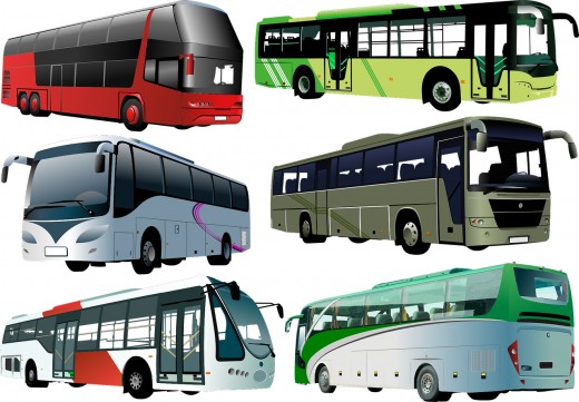 Different types of city buses.