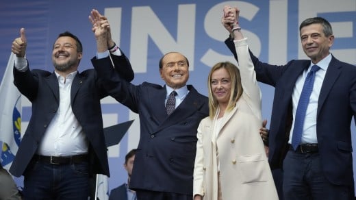 Left to right: Matteo Salvini (Lega, far-right populism), Silvio Berlusconi (FI, conservative liberalism), Giorgia Meloni (Fratelli d'Italia, national conservatism), Maurizio Lupi (Noi Moderati, liberal conservatism, centrism)