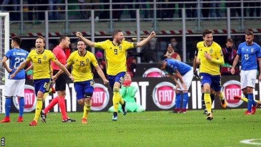 Sweden players celebrate at the San Siro. The 0-0 draw meant that Italy missed out on a World Cup for the first time since the 1958 edition.