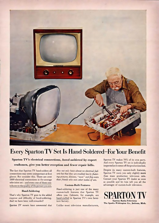 Sparton Television makes 70% of its own parts, and they have custom built features. Every Sparton TV set is individually inspected.  Sparton Radio - Television, the Sparks - Withington Company. Jackson. Michigan. 