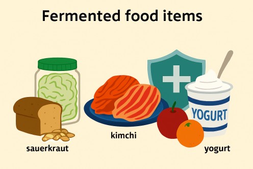 An infographic visualizing fermented food items, such as sauerkraut, kimchi, and yogurt, to empower the human gut.