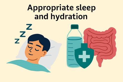 An infographic illustrating the importance of proper sleep and hydration in enhancing gut function.