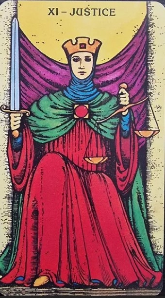The Justice card has a stern, bossy, no-playing-around energy. But in the Outcome position for a group or family quarrel, it's a good sign, assuring that those who are right will prevail, those who are wrong will apologize. Fairness in general.
