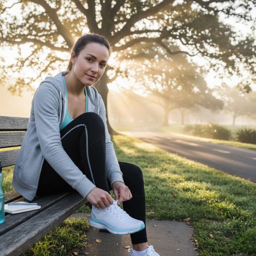 A young woman lacing up sneakers