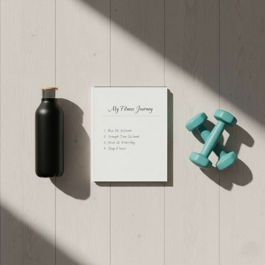 A fitness journal with goals written, next to a water bottle and dumbbells