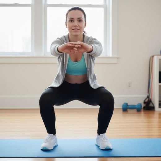 A woman doing bodyweight squats at home with a yoga mat