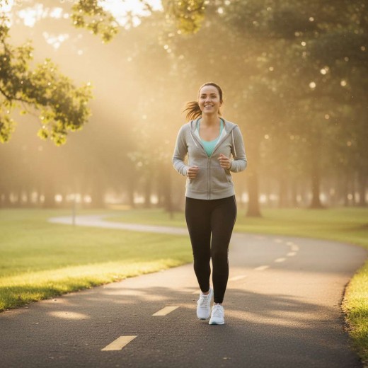 A smiling woman jogging outdoors in nature