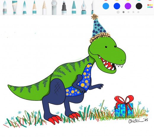 My sister colored a dinosaur and then added a few extras.  While drab on the tablet screen, it is vibrant when viewed on my computer display