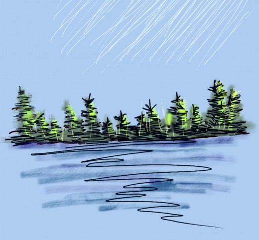 My sister sketched a freehand drawing of a line of trees.  While drab on the tablet screen, it is vibrant when viewed on my computer display