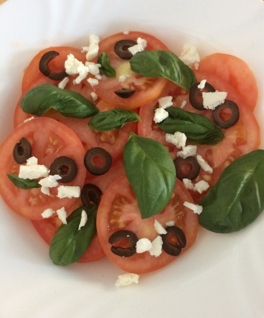 Tomato, black olive, basil and feta Salad