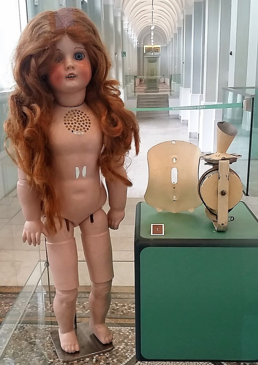Edison's Talking Doll exhibited with the phonograph mechanism removed.