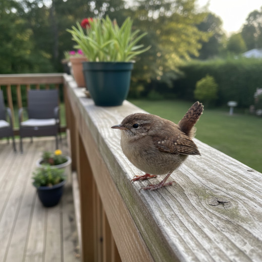 A wren sitting on a house deck rail