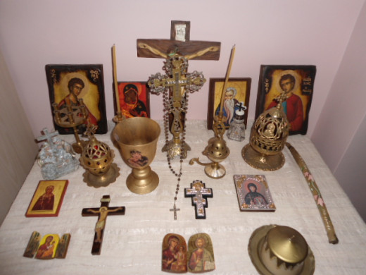 An Eastern Orthodox home altar illustrates how Christian practice mimicked pagan customs yet replaced ancestral and lineage reverence with universalist Abrahamic imagery. An Eastern Orthodox home altar illustrates how Christian practice mimicked pagan customs yet replaced ancestral and lineage reverence with universalist Abrahamic imagery.