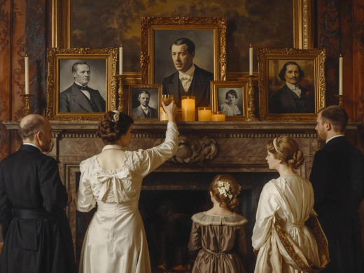 An example of a home ancestor altar with a family honoring the departed. (generated image) An example of a home ancestor altar with a family honoring the departed. (generated image)