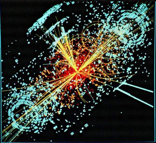 Simulated at LHC of the European particle physics institute, the CERN. This simulation looks at decay of a Higgs particle following a collision of two protons in the CMS experiment. (photos public domain)