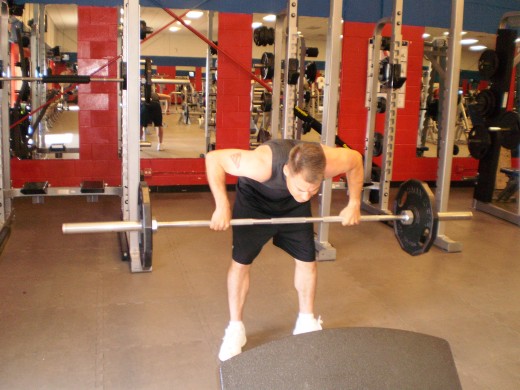 The Stiff Legged Barbell Row up position.