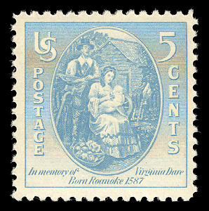 Stamp commemorating the birth of Virgina Dare.