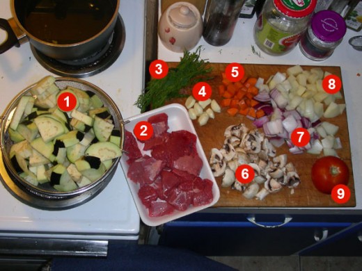 Snapshot of ingredients: 1. Eggplants  2. Meat  3. Dill  4. Garlic  5. Carrot  6. Mushrooms  7. Onion  8. Potato  9. Tomato