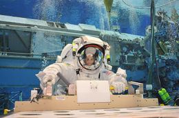 Astronaut Nicole Stott at undersea research habitat Aquarius.