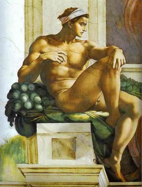 A painting of a young man in the Sistine Chapel laying on a bouquet of penises???