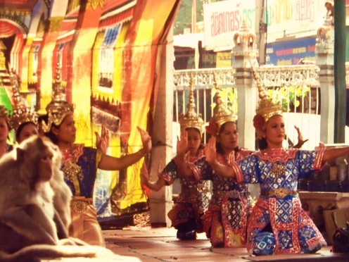Temples in Thailand have a retinue of dancers to perform for the deities.