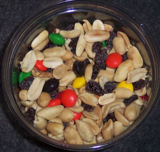 A common variety of Trail Mix made out of peanuts, raisins, and M&M's.  Photo source:  ImGz courtesy of Creative Commons Sharealike 3.0 License.