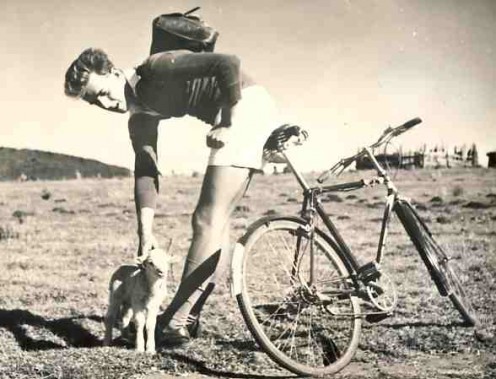 My friend Roy Joubert and I used to ride all over the place around mThatha in the old Transkei. Here he is with a lamb which befriended us on a long ride one day in about 1961