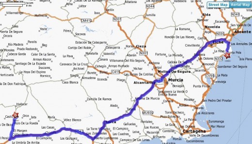 Our route from the Costa Blanca inland to Andalusia in Southern Spain
