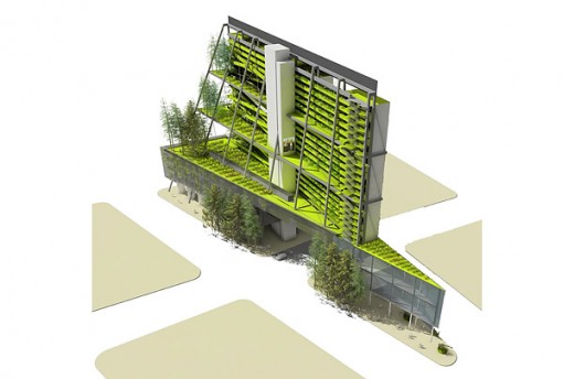 5. Model of Self-Sufficiency  Seattle-based architecture firm Mithun designed this vertical farm so that it would not require any water from municipalities and would also use photovoltaic cells to produce nearly 100% of the building's electricity.
