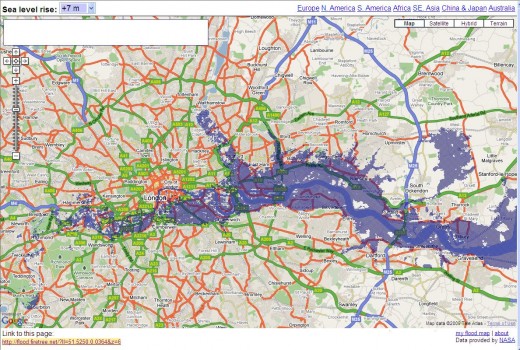 Sea Level Rises: London if sea levels rise by 7m