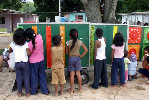 This is the mobile school. We took along this green wagon thing and onto it attached these exercises.
