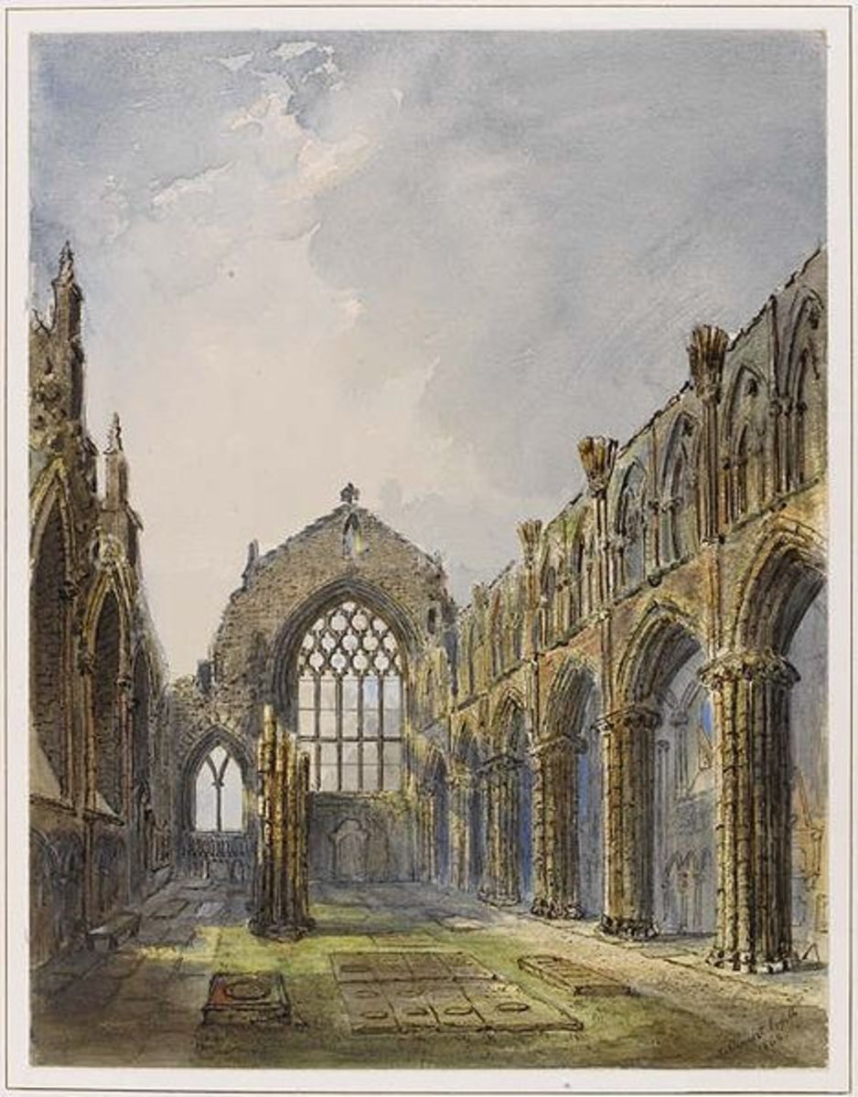 Built beside Holyrood Palace in 1168, damaged in the Reformation. Painted by Jane Stewart Smith in 1868. [Photos this page, public domain.]