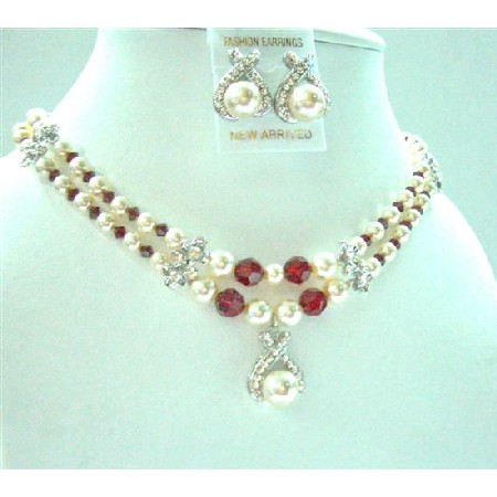 Double Stranded Necklace Bridemaides Cream Pearsl Siam Red Crystals 