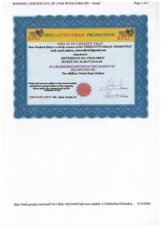 Copy of "Certificate of Winnings"
