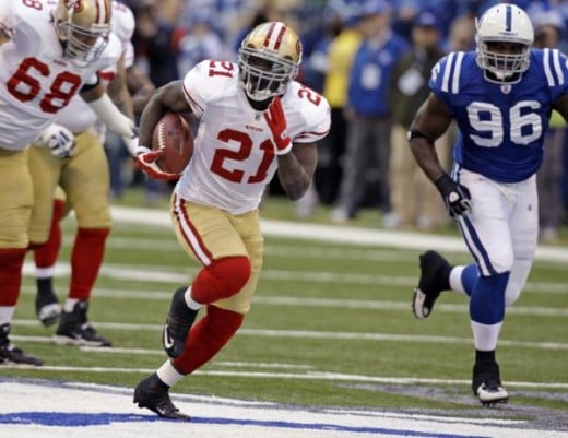 San Francisco 49ers running back Frank Gore (21) gets past Indianapolis Colts defensive tackle Keyunta Dawson, right, on the way to a 63-yard touchdown in the first quarter of an NFL football game in Indianapolis, Sunday, Nov. 1, 2009. (AP Photo/Mich