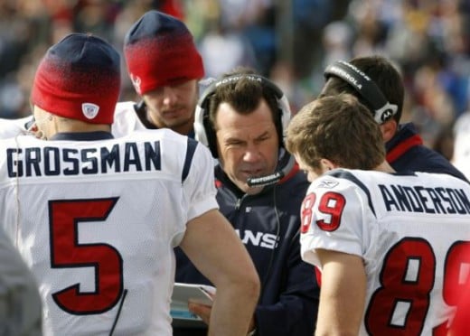 Houston Texans coach Gary Kubiak talks with Rex Grossman (5) and David Anderson (89) during the first half of the NFL football game in Orchard Park, N.Y., Sunday, Nov. 1, 2009. (AP Photo/David Duprey)