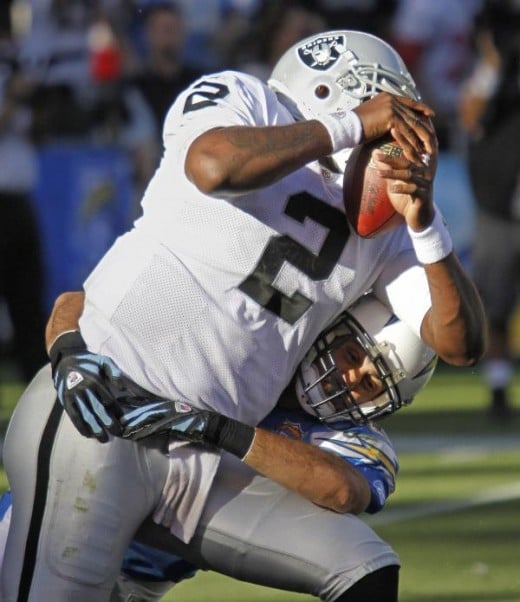 San Diego Chargers' Steve Gregory sacks Oakland Raiders quarterback JaMarcus Russell during the third quarter of an NFL football game Sunday, Nov. 1, 2009 in San Diego. The Chargers won 24-16. (AP Photo/Denis Poroy)