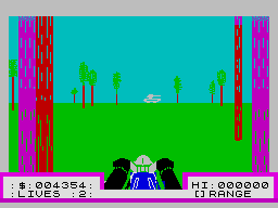 Avoid those trees at all costs in Deathchase on the ZX Spectrum
