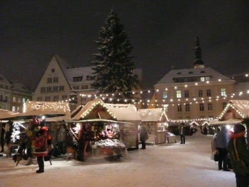 The snowy town hall square during christmas