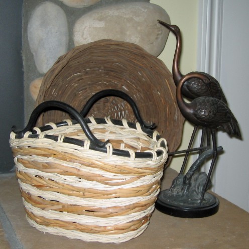 One bird and two baskets again in varying degrees of browns for other side of hearth.