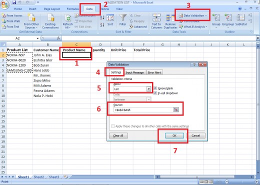 Steps to create a validation list in a cell