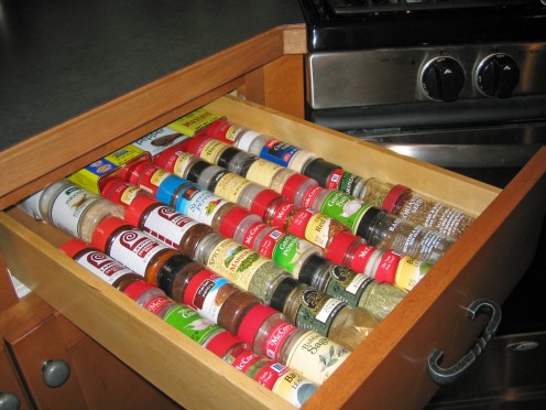 Spice drawers work well to keep spices organized and within reach.