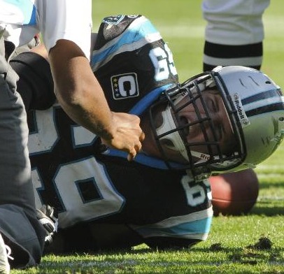 Carolina Panthers' Jordan Gross reacts after being injured in the first half against the Atlanta Falcons in an NFL football game in Charlotte, N.C., Sunday, Nov. 15, 2009. (AP Photo/Mike McCarn) 